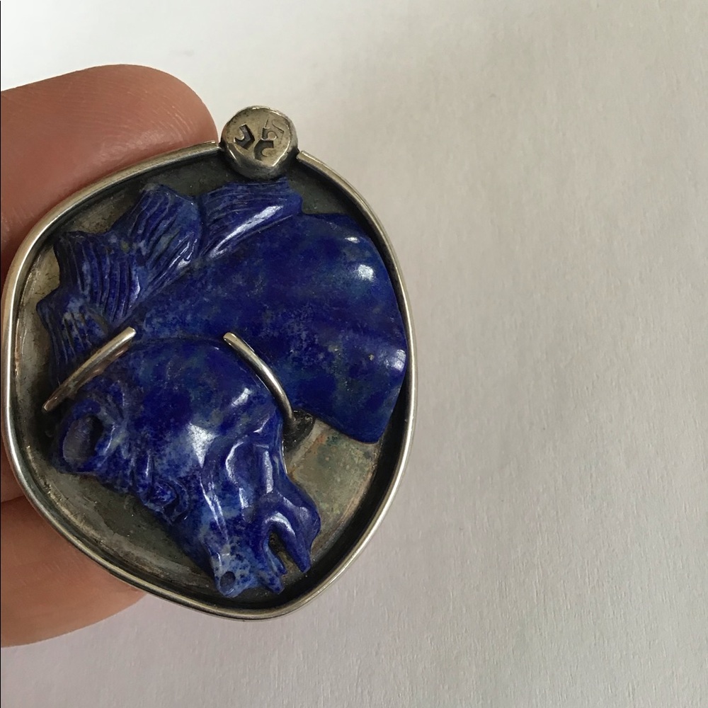Heavy Sterling Carved Lapis Wild Horse Pendant - Picture 5 of 10